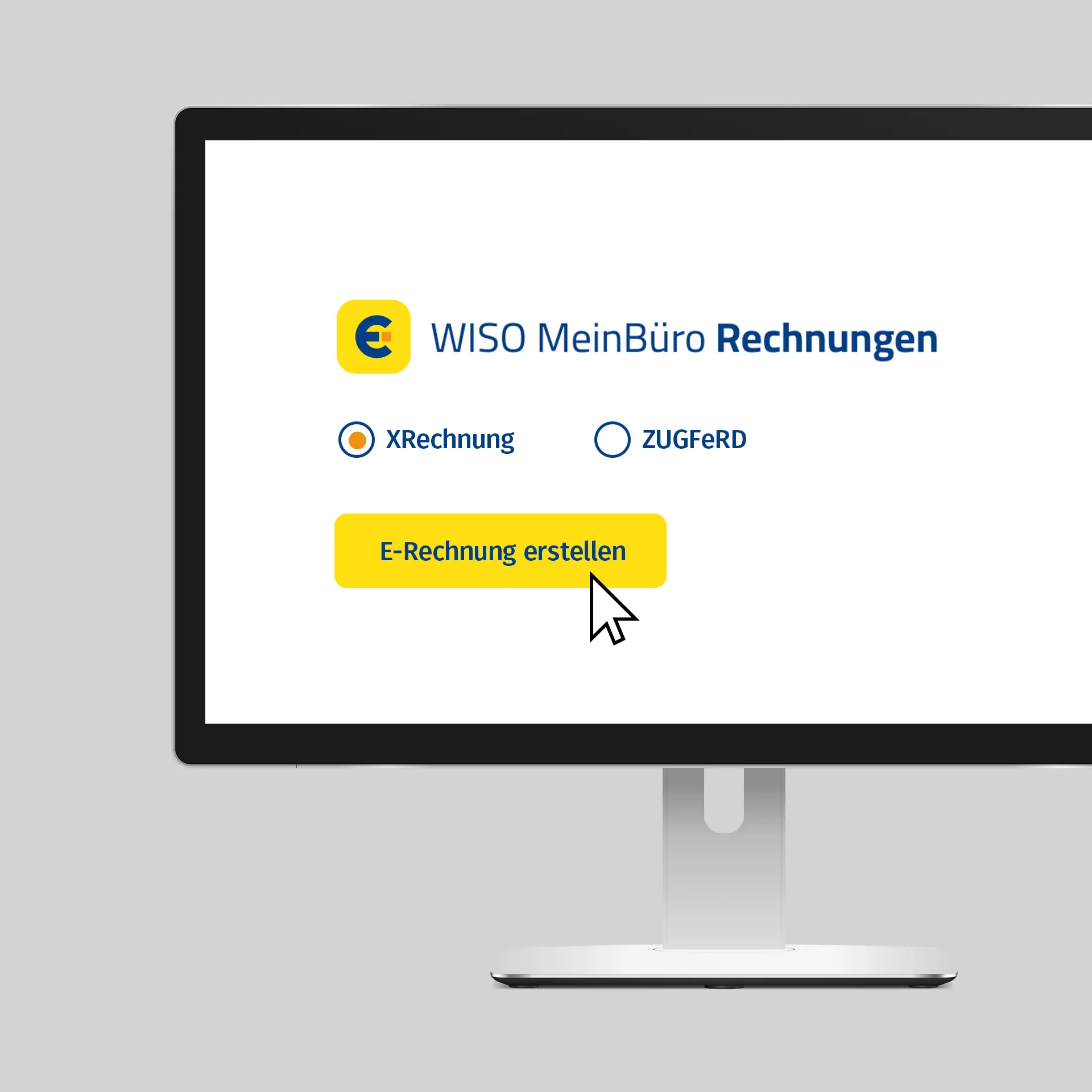 Monitor mit WISO MeinBüro Rechnungen Software, Auswahl zwischen XRechnung und ZUGFeRD zur Erstellung von E-Rechnungen.