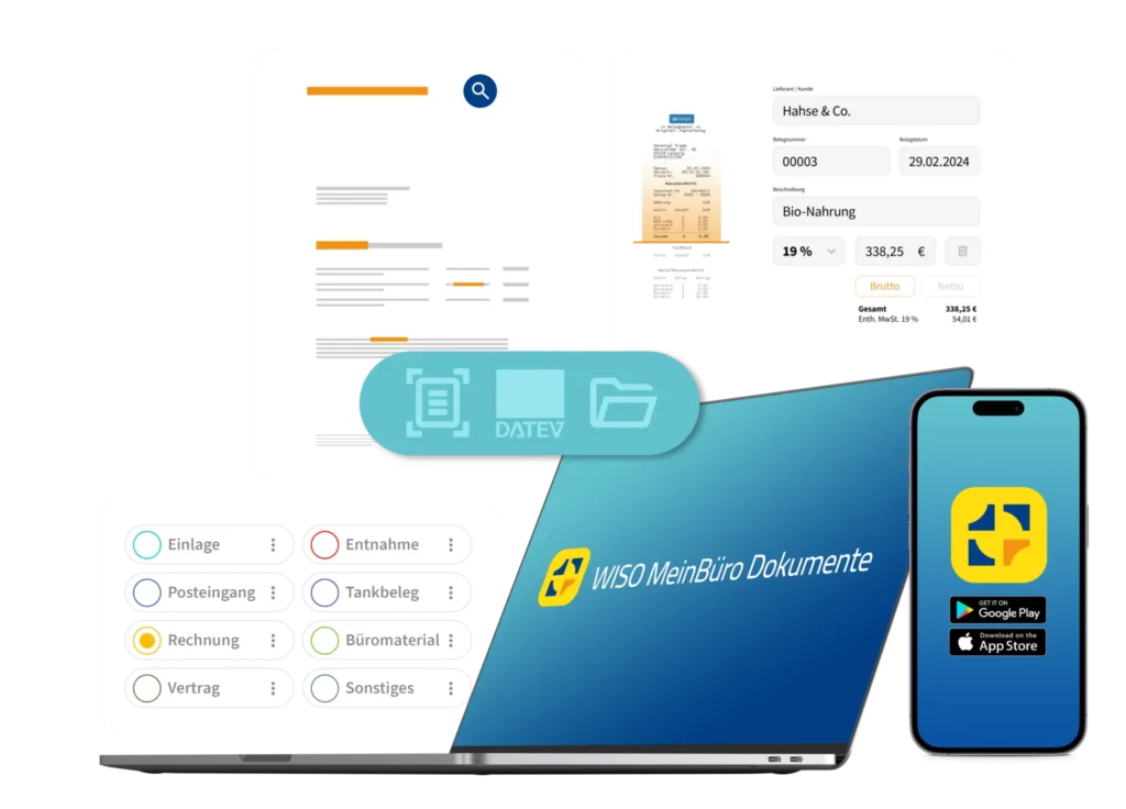 Benutzeroberfläche von WISO MeinBüro Dokumente mit Funktionen zur digitalen Belegerfassung, DATEV-Integration und Kategorien für die Dokumentenverwaltung.