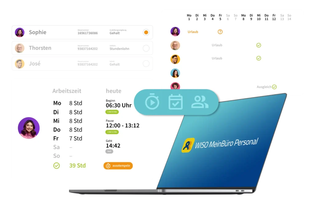 Benutzeroberfläche von WISO MeinBüro Personal mit Informationen zu Arbeitszeiten, Urlaubsplanung und Mitarbeiterverwaltung.