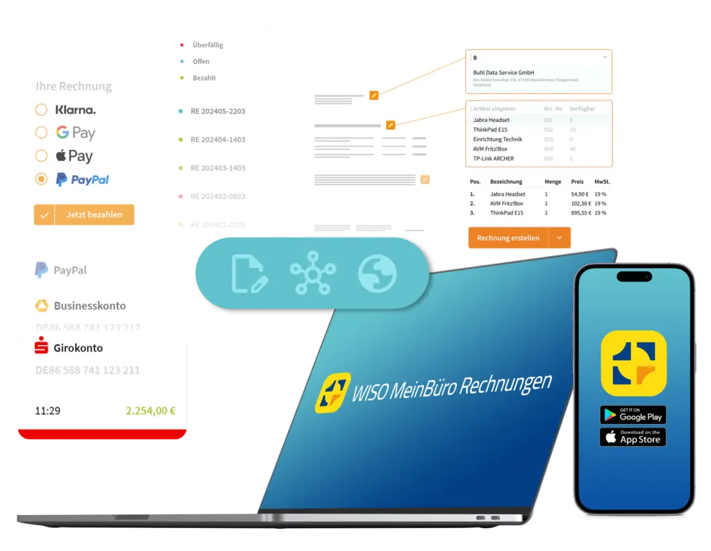 Produktbanner für WISO MeinBüro Rechnungen mit Laptop, Smartphone und Funktionen wie Zahlungsabwicklung, Rechnungsübersicht und Artikelverwaltung.