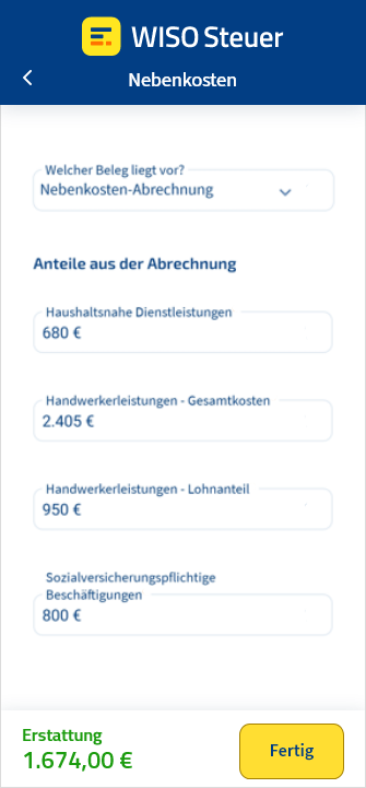 Nebenkosten eintragen Steuer App