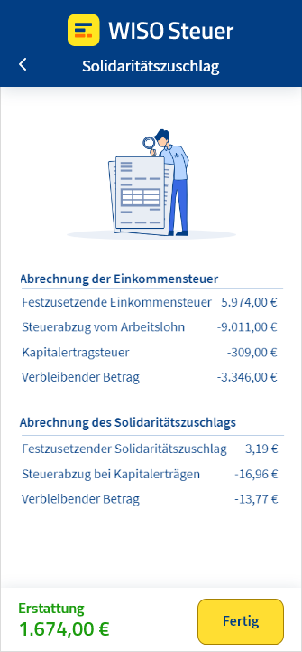 Beispiel Berechnung des Solidaritätszuschlags in der App WISO Steuer