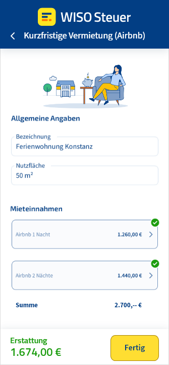 Eingabemaske für Airbnb-Vermietung in der App WISO Steuer