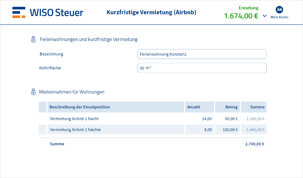 Eingabemaske für Airbnb-Vermietung in WISO Steuer