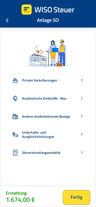 Anlage SO hinzufügen in der App WISO Steuer