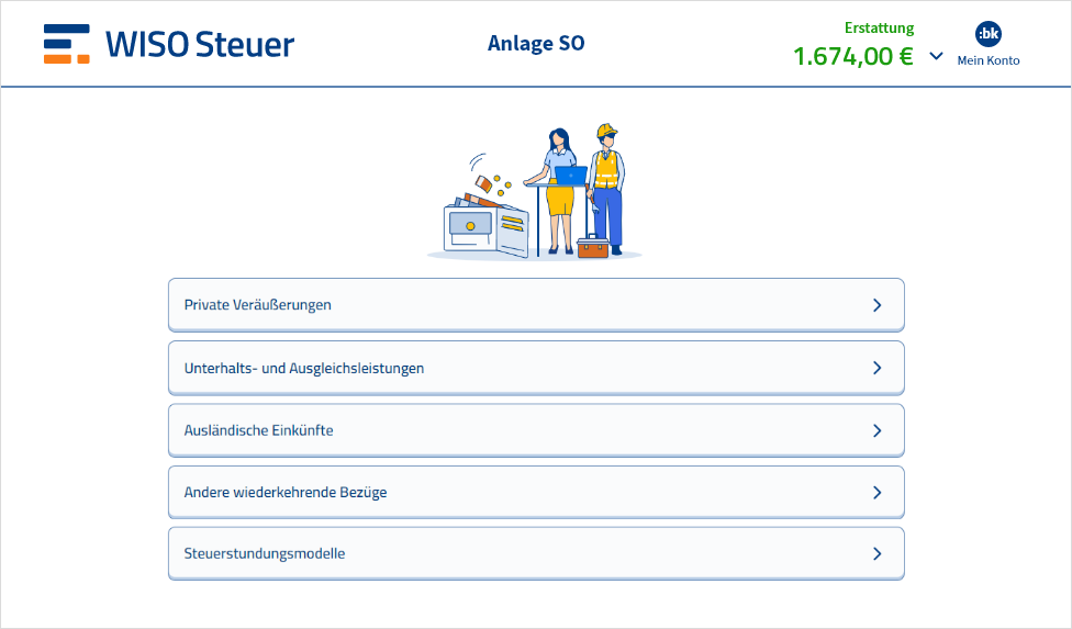 Anlage SO hinzufügen in WISO Steuer