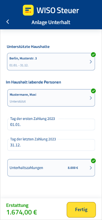 Anlage Unterhalt in der App WISO Steuer ausfüllen