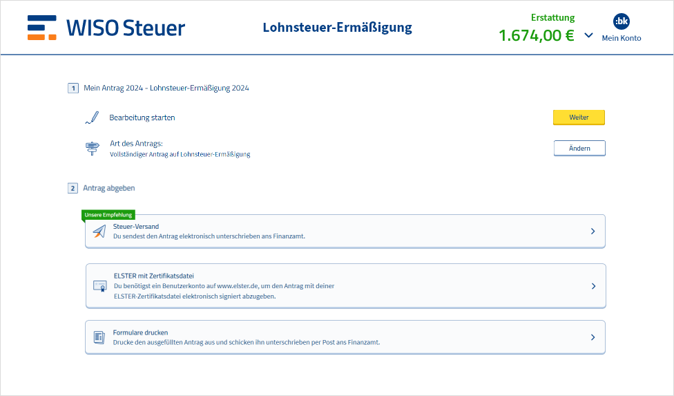 Vorschau des Antrags auf Lohnsteuer-Ermäßigung in WISO Steuer