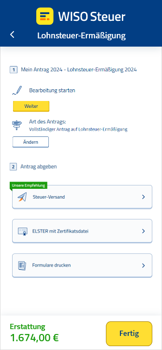 Vorschau des Antrags auf Lohnsteuer-Ermäßigung in der App WISO Steuer