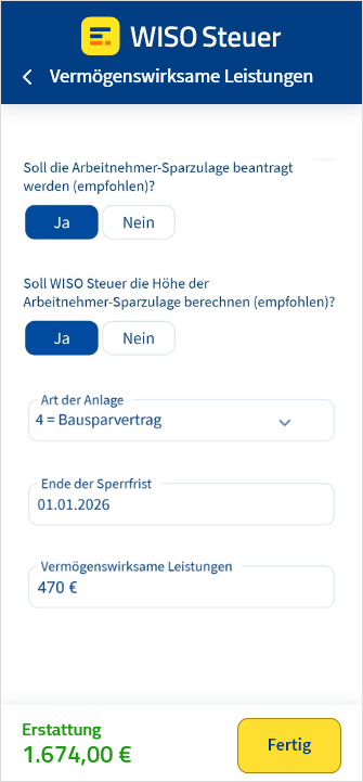 Eingabemaske für vermögenswirksame Leistungen in der App WISO Steuer