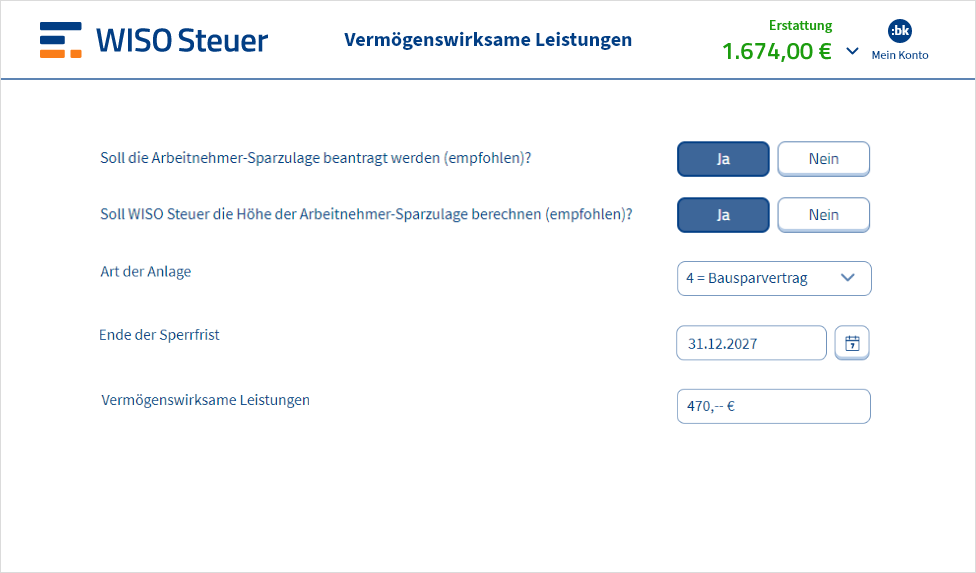 Eingabemaske für vermögenswirksame Leistungen in WISO Steuer