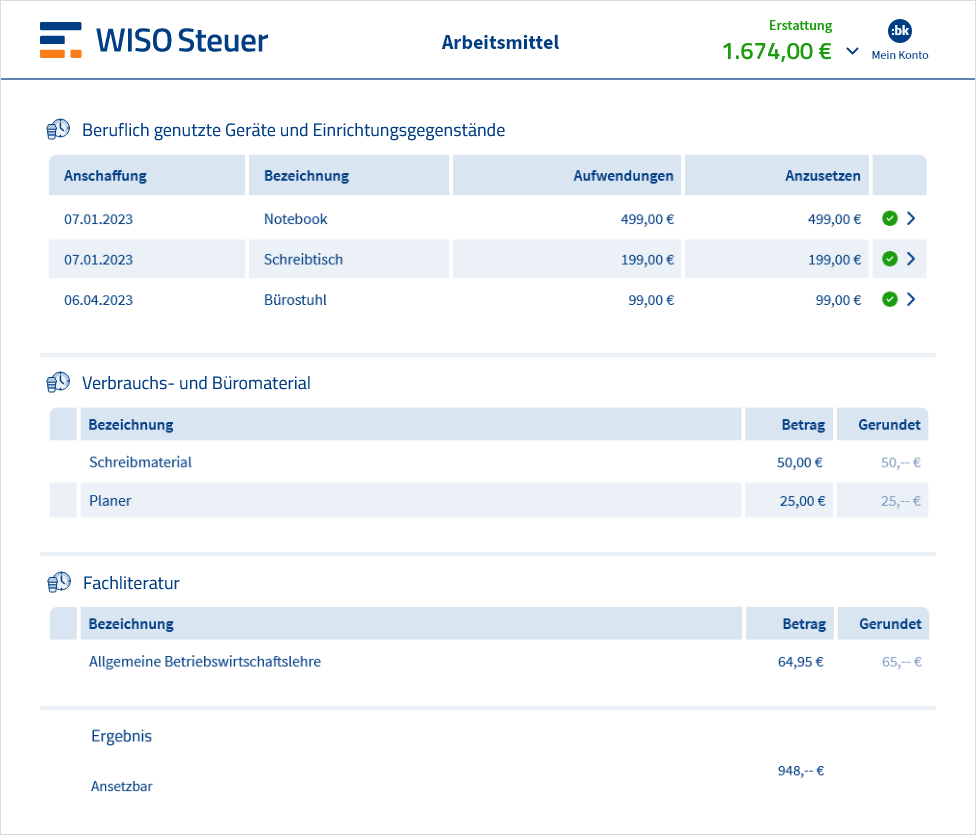 Eingabemaske für Arbeitsmittel in WISO Steuer