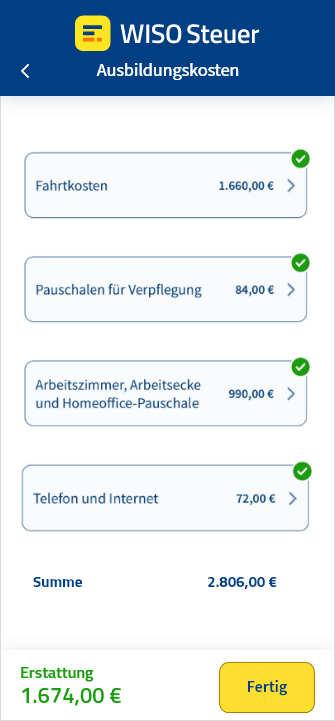 Eingabemaske für Ausbildungskosten in der App WISO Steuer