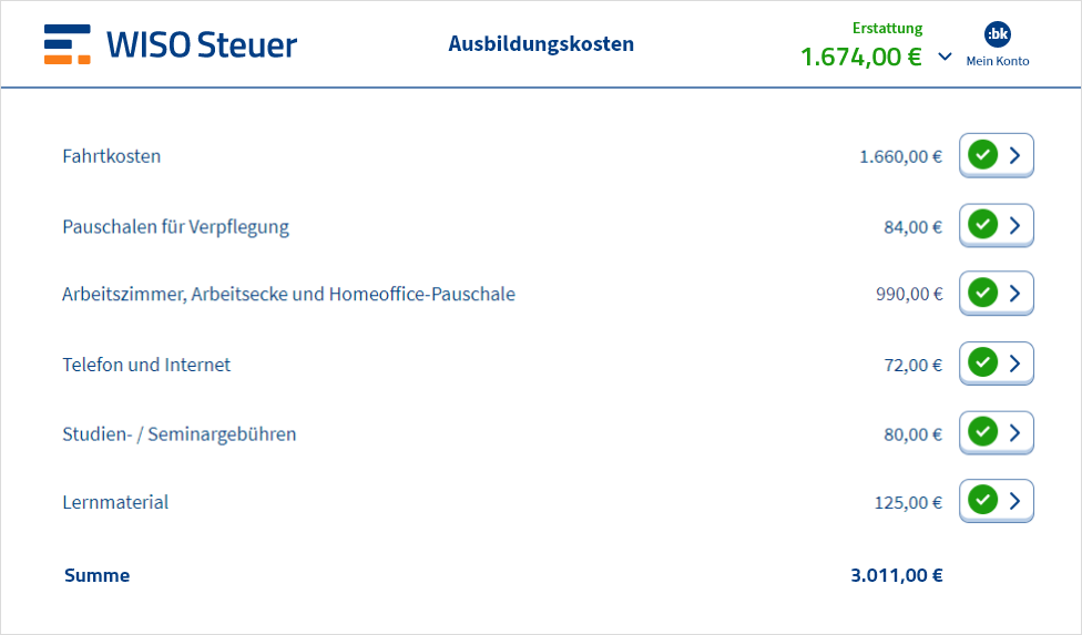 Eingabemaske für Ausbildungskosten in WISO Steuer