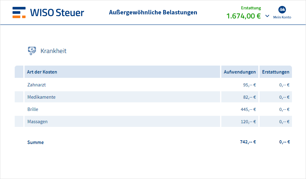 Eingabemaske für außergewöhnliche Belastungen in WISO Steuer