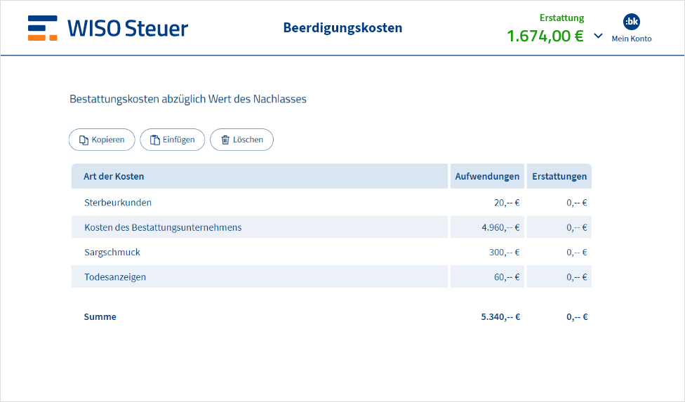 Eingabemaske für Beerdigungskosten in WISO Steuer