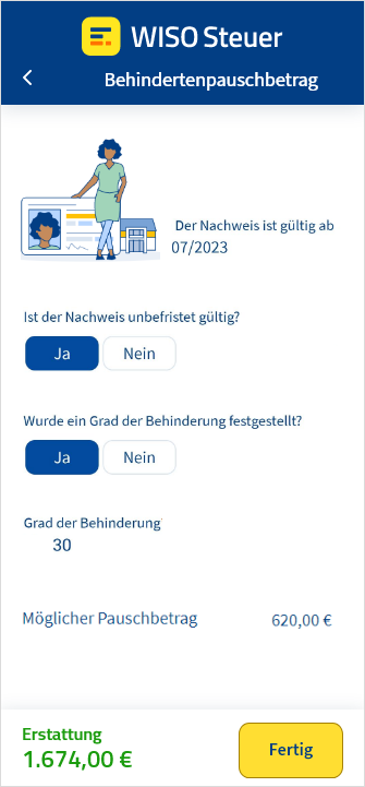 Vorschau aus der App WISO Steuer zur Berechnung des Behindertenpauschbetrags