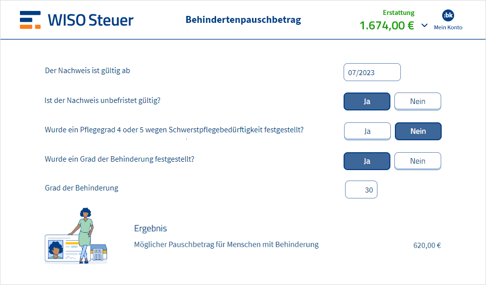 Vorschau aus WISO Steuer zur Berechnung des Behindertenpauschbetrags