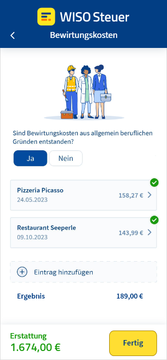 Eingabemaske für Bewirtungskosten als Arbeitnehmer in der App WISO Steuer