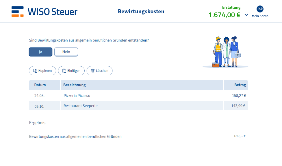 Eingabemaske für Bewirtungskosten als Arbeitnehmer in WISO Steuer