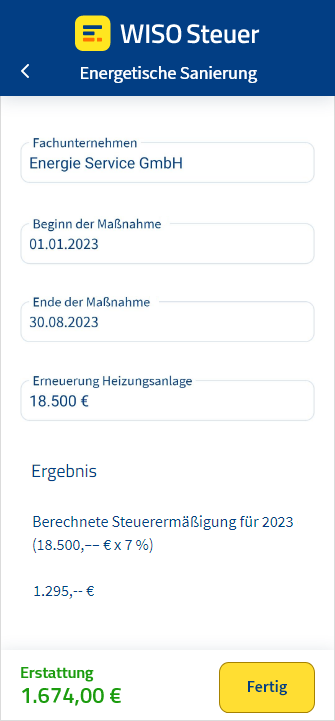 Eingabemaske für energetische Sanierungen in der App WISO Steuer