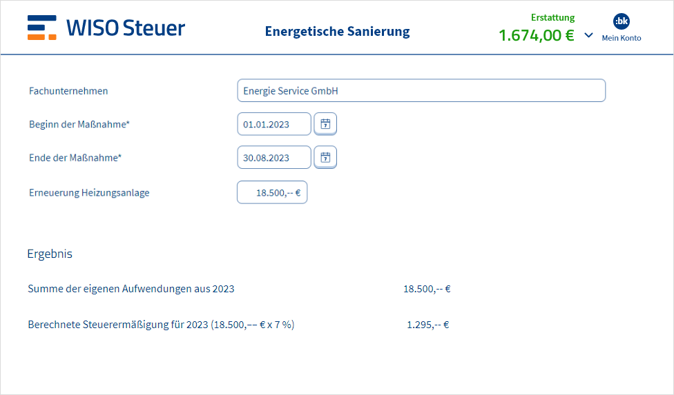 Eingabemaske für energetische Sanierungen in WISO Steuer