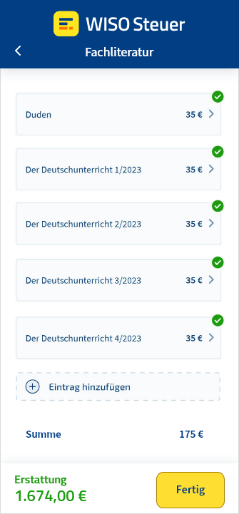 Eingabemaske für Fachliteratur in der App WISO Steuer