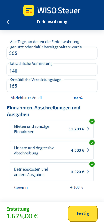 Eingabemaske für Ferienwohnungen in der App WISO Steuer