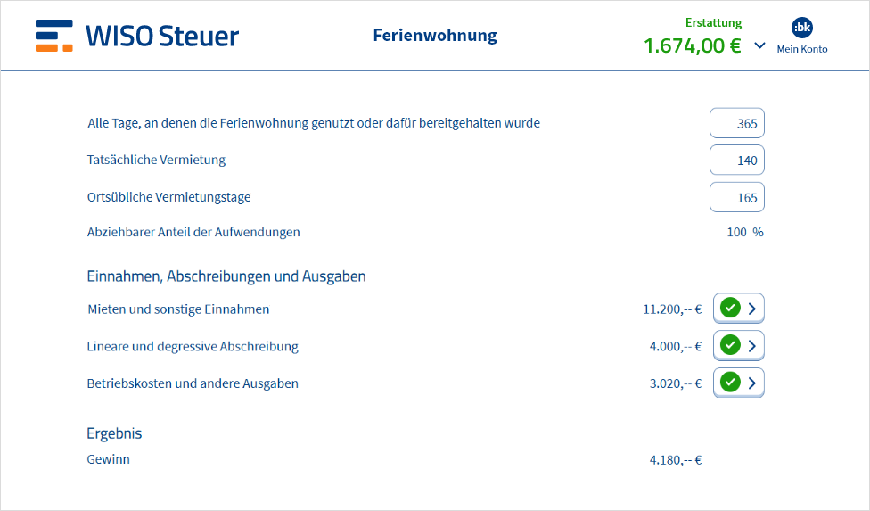 Eingabemaske für Ferienwohnungen in WISO Steuer