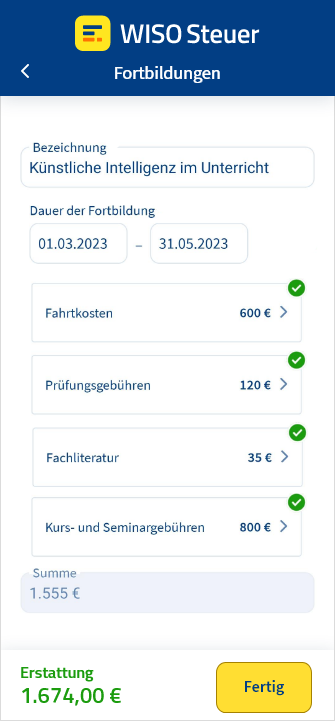 Eingabemaske für Fortbildungen in der App WISO Steuer