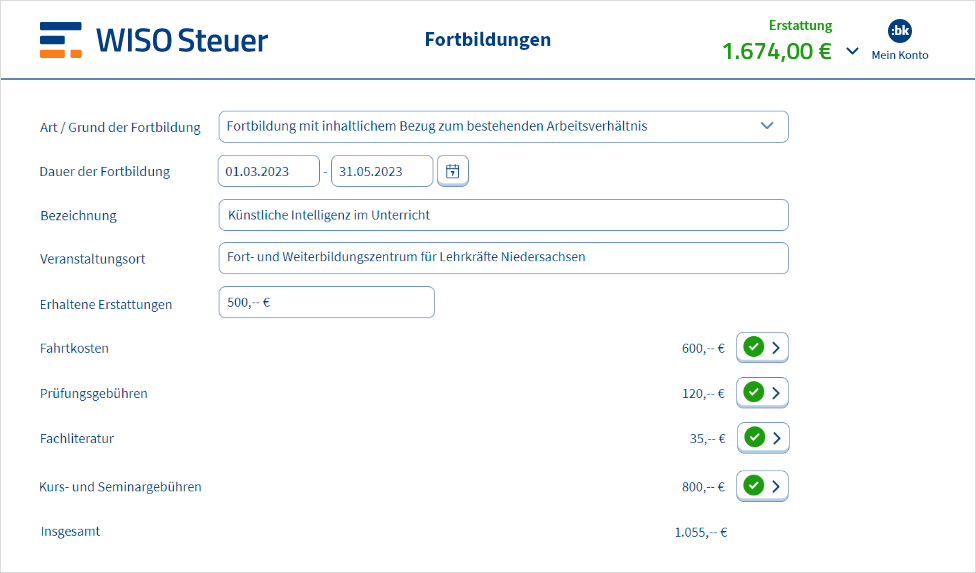 Eingabemaske für Fortbildungen in WISO Steuer