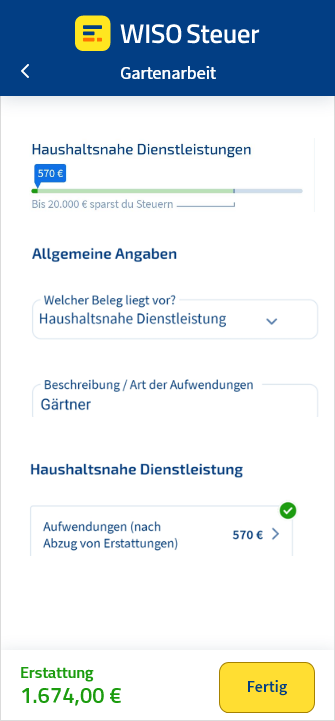 Eingabemaske für Gartenarbeiten in der App WISO Steuer
