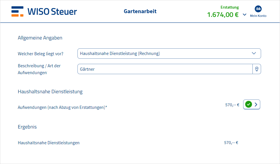 Eingabemaske für Gartenarbeiten in WISO Steuer