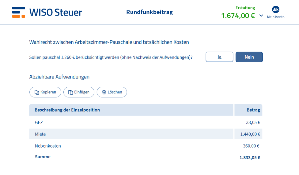 Eingabemaske für Rundfunkbeiträge in WISO Steuer