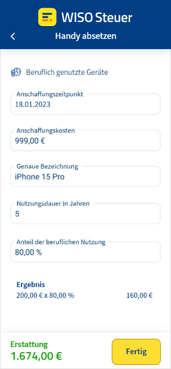 Eingabemaske für Handys in der App WISO Steuer