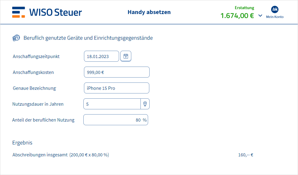 Eingabemaske für Handys in WISO Steuer