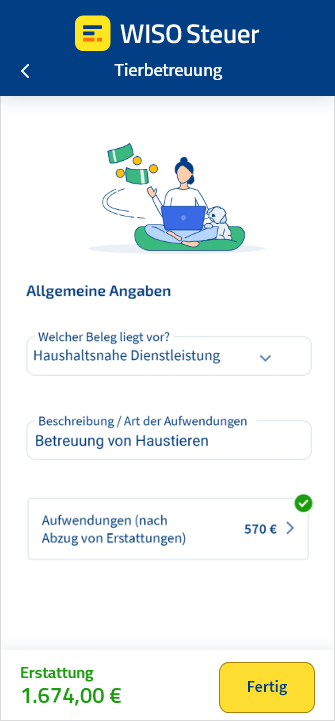 Eingabemaske für Haustierbetreuung in der App WISO Steuer