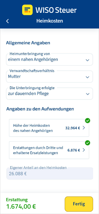 Eingabemaske für Heimkosten in der App WISO Steuer