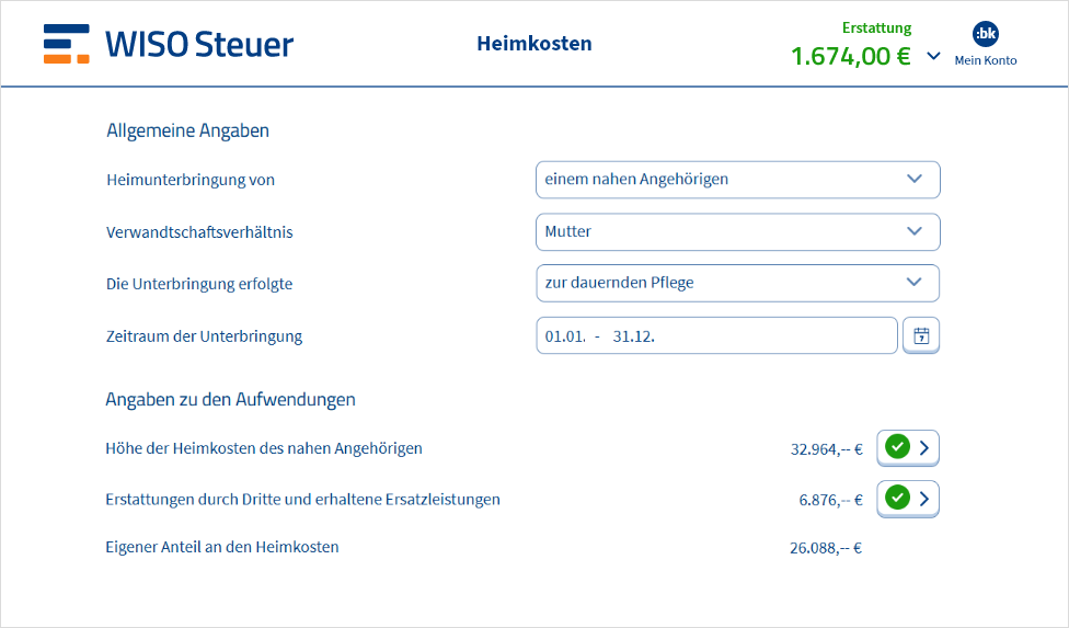 Eingabemaske für Heimkosten in WISO Steuer