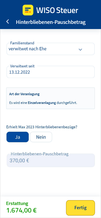 Vorschau des Antrags zum Hinterbliebenen-Pauschbetrag in der App WISO Steuer