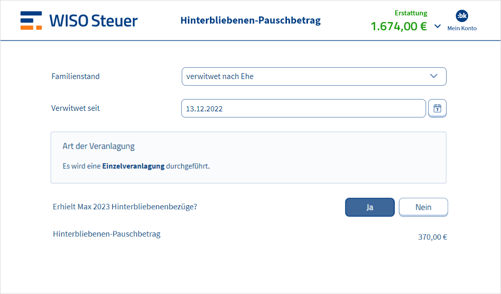 Vorschau des Antrags zum Hinterbliebenen-Pauschbetrag in WISO Steuer