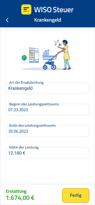 Eingabemaske für Krankengeld in der App WISO Steuer