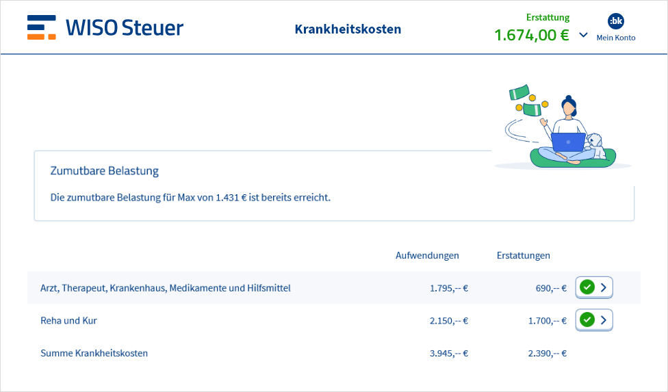 Eingabemaske für Krankheitskosten in WISO Steuer