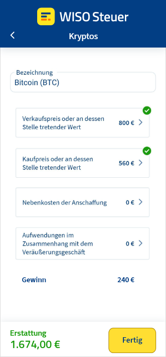 Eingabemaske für Kryptos in der App WISO Steuer