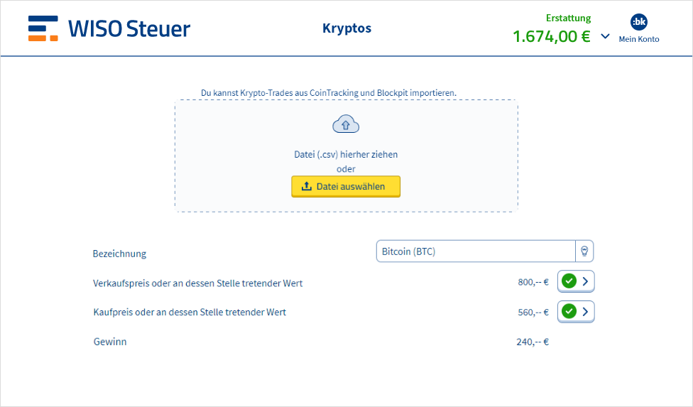 Eingabemaske und Import-Funktion für Kryptos in WISO Steuer