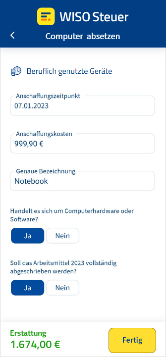 Eingabemaske für Computer in der App WISO Steuer