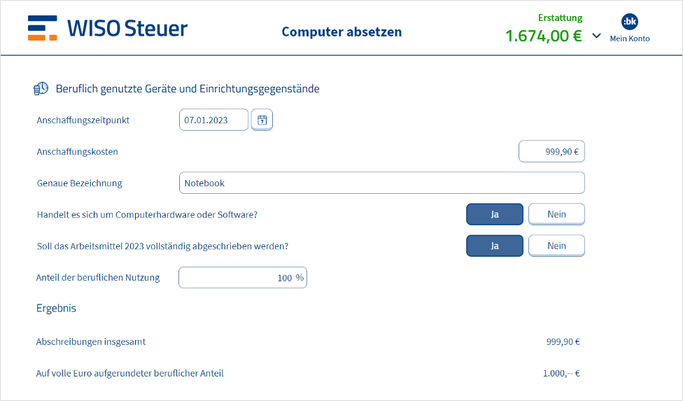 Eingabemaske für Computer in WISO Steuer