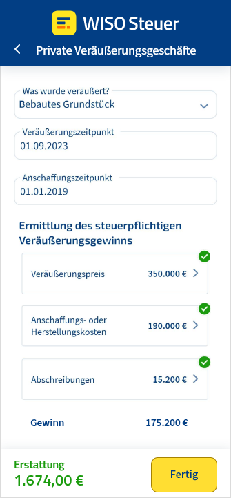 Eingabemaske für private Veräußerungsgeschäfte in der App WISO Steuer