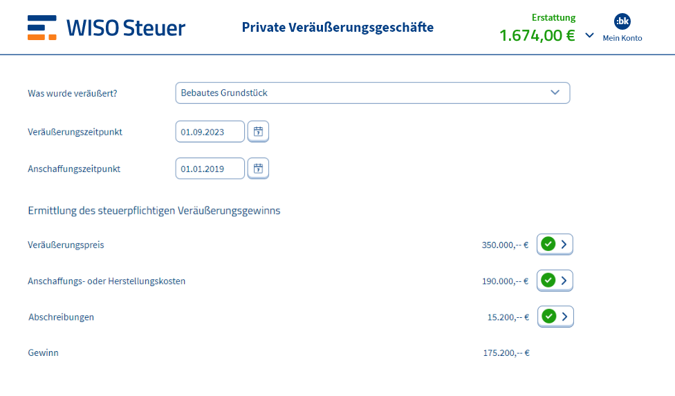 Eingabemaske für private Veräußerungsgeschäfte in WISO Steuer