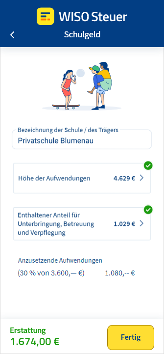 Eingabemaske für Schulgeld in der App WISO Steuer